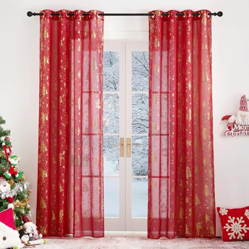 PONY DANCE Weihnachtsvorhänge Rot Transparent Ösenschal 2er Set H 260 x B 140 cm Weihnachten Wohnzimmer Vorhänge mit Goldernem Muster Voile Gardinen Durchsichtig Extra Lange Gardinen und Vorhänge