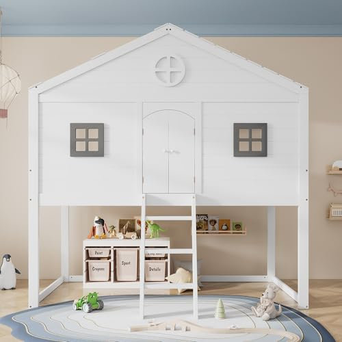 Merax Hausbett Kinderbett mit Treppe, Fallschutz & Gitter, Zwei graue Fenster, Frei gestaltbares Unterbett, Massivholzrahmen, Kiefer + MDF, Weiß + Grau, 90x200cm, EN747 Zertifizierung, ohne Matratze