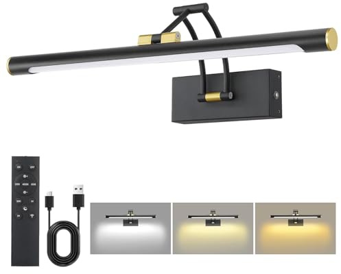 Bildbeleuchtung Kabellos, 8000mAh Akku Bilderleuchte 40cm Schwarz Gold | LED Wandleuchte Innen mit Fernbedienung, Dimmbar 3 Farbtemperaturen & Timer, Bilderlampe für Gemälde, Foto, Dart Beleuchtung