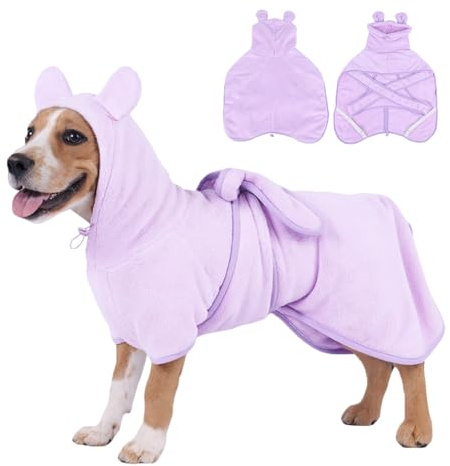Super saugfähiger Hunde-Bademantel, Ananas, weich, schnell trocknend, verstellbarer Trockenmantel für nach dem Baden mit Kapuze, Korallensamt, Violett, Größe S