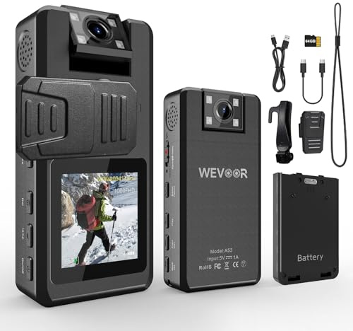 Wevoor Caméra de Corps 1296P 64G, 4260mAh 20H Caméra Corporelle Video avec Audio, Objectif Rotatif à 180 Mini Pocket Boycam Police Portable avec 360° Clip Vision Nocturne pour Extérieur/Voyages
