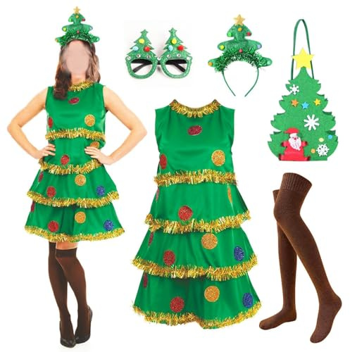 Fancy Dress for Adults, Christmas Party Dresses For Women, Christmas Tree Costume Adult Womens Fancy Dress Outfits 5 Piece Xmas Tree Dress + Headband + Glasses + Stockings + Hand Bag Party Cosplay