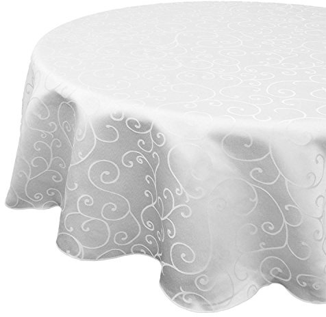 WedDecor 1pc Overlay Branch Swirl Pattern Damask Tablecloth - 120 Inch | Round Tablecloth, Seamless Polyester Linen White Table Cover for Christmas, Restaurant, Dining Tables, Parties, Event