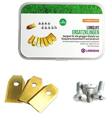 Lindman 30 x Titanklinge Longlife, passend für alle Husqvarna Automower / Gardena Roboter-Rasenmäher, 0,75 mm / 3 g Ersatzklingen, passend für 105, 310, 315, 320, 420, 430x, R40i und mehr, 30 Schraube