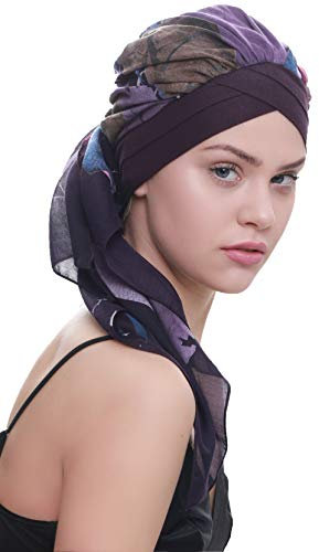 Deresina W Front Baumwollkappe mit angenähtem Schal für Haarverlust, Krebs (Maulbeer Purple Abstract)