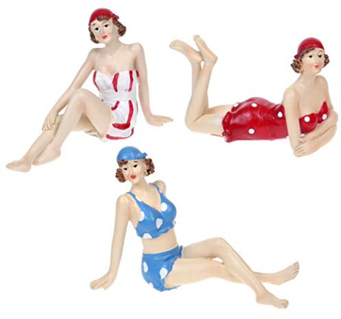 Quaytrader Glamorous Set of 3 BEACH BELLE Lady Swimmers/Bathers - BATHROOM ORNAMENTS/FIGURINES - Red, White, Blue - 15cm