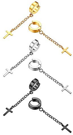 Flongo 3 Paar Kreuz Ohrringe aus Edelstahl Creolen Ohrringe mit Kreuz Anhänger Damen Ohrringe Herren Ohrstecker Hängendes Kreuz Schmuck Geschenk zu Ostern Weihnachten Halloween