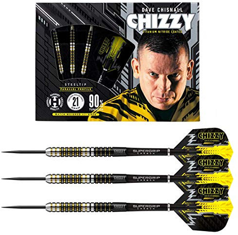 Harrows Dave Chizzy“ Chisnall 90% Tungsten Darts | Pro Player Steel Tip Darts-Set | 21g, 22g, 23g, 24g, 25g & 26g | Enthält Supergrip-Carbonschäfte und 100-Mikron-Chizzy-Flights (25g)