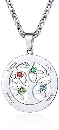 Custom4U Personalisierte Namenskette mit Lebensbaum Edelstahl Rund Stammbaum Halskette mit 4 Namen und Geburtsstein Silber Familienkette für Oma/Mutter/Schwester