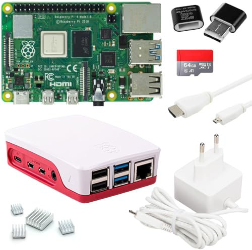 Raspberry Pi 4 8 GB, scheda SD da 64 GB, alimentatore USB-C da 15 W, alloggiamento, cavo micro HDMI 4K, set dissipatore di calore, Raspberry Pi 4 Model B 8 GB RAM