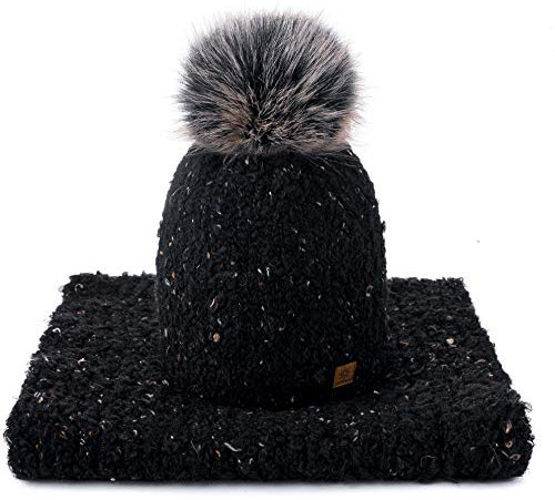 4sold Panti Set Schal & Mützemit Futter Damen Winter Beanie Mädchen Winter Alpaka Wolle Nylon Strickmütze SKI Snowboard Strick Hals Hüte Fleece Bommel Pom Pom Made in EU (Panti Black)