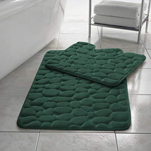NIGHTZONE Pebble Stone Bath Mat Set Non Slip Pedestal Set Extra Absorbent 100% Memory Foam Bathroom Toilet Rug Set (Green)