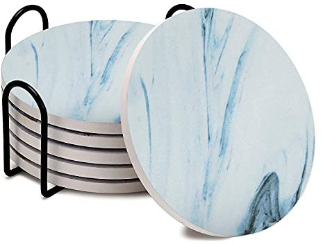 YumSur 6 x Effet Marbre Dessous de Verre pour Boissons avec Support, 10cm Rond Tapis de Tasse Ensemble de Coaster Liège pour la Maison, Bureau, Bar et Le Restaurant