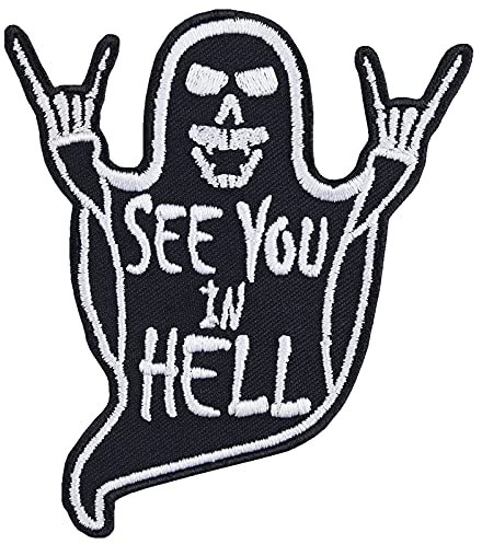 Rocker Aufnäher See you in hell Aufbügler Totenkopf Skull Heavy Metal Patch zum annähen/aufbügeln | Jeans Flicken Biker Bügelbild Applikation für alle Stoffe | 80x90mm