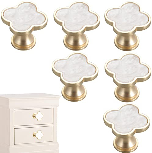 CPELLESSE 6 Stück Kleeblatt-Knäufe, vierblättriger Griff, kreativer Schrank-Schubladengriff, goldfarben, für Kommode, Kleiderschrank, Zinklegierung, Einzelloch, Türgriff (weiß)