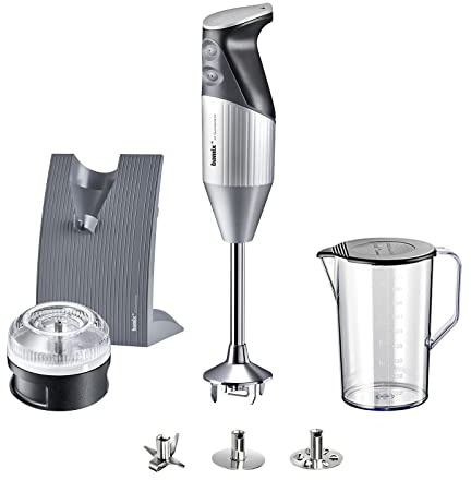 bamix SWISSLINE M200 Mixeur plongeant avec couteau multifonction, fouet, disque de percussion, processeur, gobelet, support, 200 W, 2 niveaux, acier inoxydable, fabriqué en Suisse – Argenté