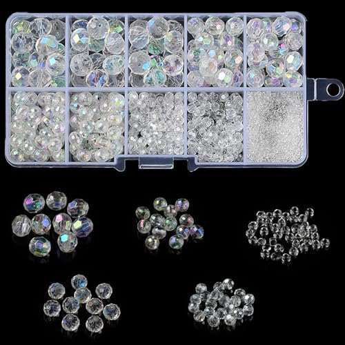 Gocelyn Clear Crystal Glass Facettierte Perlen von AB Farbe, Rondelle Assorted Supplies Spacer Lose Perlen für Schmuckherstellung Erkenntnisse Armbänder Anhänger (2 mm, 4 mm, 6 mm, 8 mm, 10 mm)