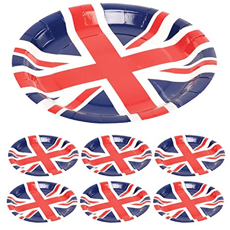 Trimming Shop 32pcs Union Jack Paper Plates, Great Britain Disposable Round Dessert Plates British Party Supplies Tableware for BBQ Pub Sporting Events Royal Theme, 23cm