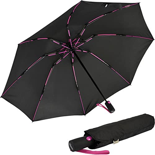 iX-brella Sturmschirm Voll-Fiberglas Taschenschirm groß 106 cm - mit farbigen Speichen - schwarz-pink