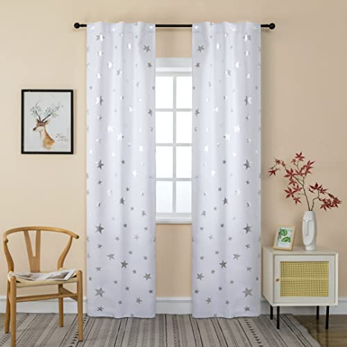 GIRASOLE HOME® Coppia Tende Semi Oscuranti Morbide Fantasia Stelle Argentate Tenda Morbida per Interni con Tasca e Passanti Nascosti 2 Pannelli (Bianco, 70x235cm)