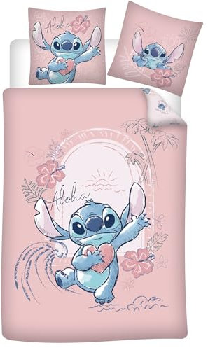 Disney Stitch Bettwäsche, Rosa, 100% Baumwolle, Bettbezug 140 x 200 cm + Kissenbezug 65 x 65 cm