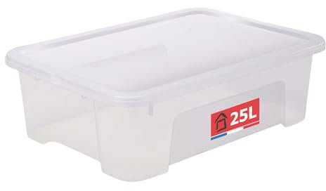 SUNDIS View Box, boîte de rangement en plastique avec couvercle, 25l, transparent, superposable et empilable, idéale pour ranger les armoires, le bureau, la buanderie, la salle de bain