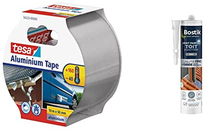 Tesa 56223-00000-01 Bande adhésive de réparation Alu 10 m x 50 mm & Bostik Mastic d’Étanchéité Joint Parfait Toit et Gouttière – Tous Matériaux – Extérieur – Résiste aux Intempéries