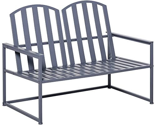 Outsunny IE Located Outdoor Garden Bench, Patio Metal Frame Loveseat with Slatted Backrest, and Armrest, 2 Seat Chair for Park, Yard, Grey