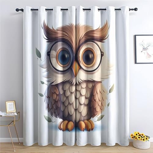QEODAH Vorhänge Eule Kinder Gardinen mit Ösen, Vorhang Blickdicht, Verdunklungsvorhänge, Fensterdekoration, Schlafzimmer Wohnzimmer & Kinderzimmer Deko, Blackout Curtain 2er Set H 220 x B 140 cm