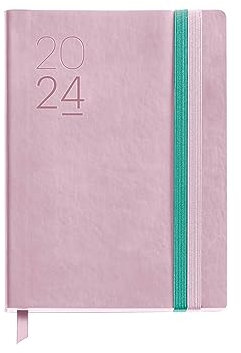 Miquelrius - Jahreskalender 2024, Tagesansicht, Größe Journal 122 x 168 mm, flexibler Einband aus Kunstleder genäht, doppelter Gummiverschluss, Spanisch, Englisch und Portugiesisch, Rosa
