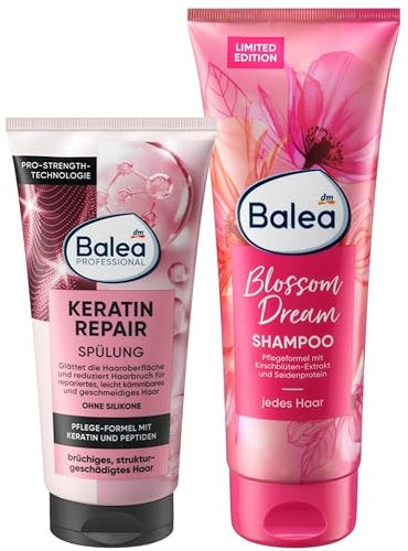 Balea 2er-Set Haarpflege: Professional Spülung KERATIN REPAIR für leicht kämmbares, geschmeidiges Haar & Natur-Glanz (200 ml) + Shampoo BLOSSOM DREAM für sanfte Reinigung & Kräftigung (250 ml), 450 ml