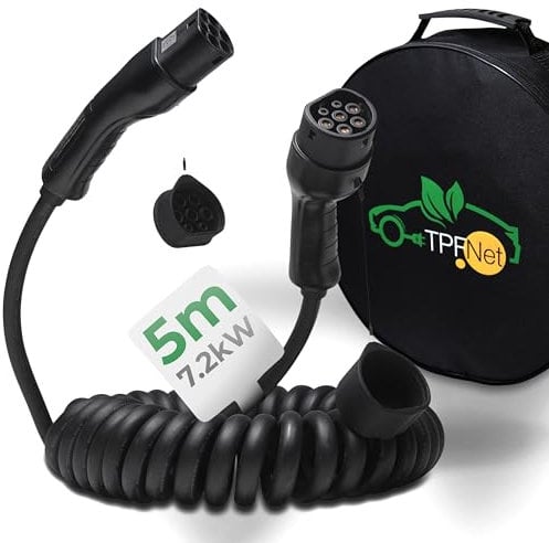 TPFNet Spiral Typ 2 Ladekabel 5m – Ladeleistung bis 7.2kW / 32A – Kompatibel mit den meisten Automarken – Flexibles und langlebiges Ladekabel Typ 2 für den privaten & öffentlichen Gebrauch