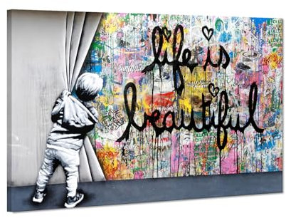 Life Is Beautiful Graffiti-Wandkunst, bunte Pop-Art hinter dem Vorhang, Leinwanddrucke, Straßen-Graffiti, gerahmtes Kunstwerk für Wohnzimmer, Schlafzimmer, Dekor, fertig zum Aufhängen, 61 x 91,4 cm