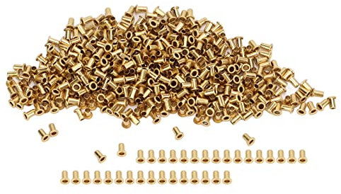 HERCHR 500 PCS Brass Rivets, Hollow Rivets Set Hollow Binding Screws Brass Flat Head Rivet Hollow Rivets Grommets for Scrapbook Leather Repair(1.7x3.5x2.8mm)