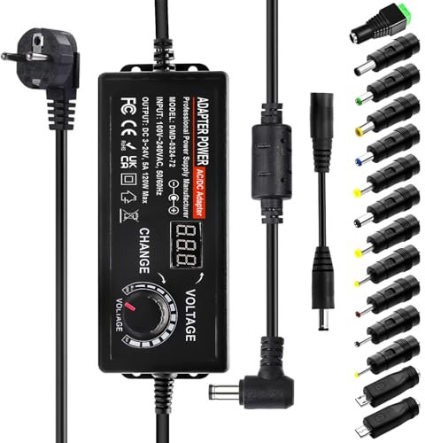 Adaptador de Corriente Universal 5A 120W, Indmird 3V-24V Fuente de alimentación Universal 100V-240V AC/DC Adaptador Universal con 14 Conectores y Cable de Polaridad Inversa para Cámara CCTV Enrutador