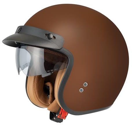 Jethelm mit Visier by BS Way: Hochwertiger Motorradhelm, ECE-Zertifiziert für Herren und Damen - Ideal für Roller, Moped, Mofa und Scooter - Retro Helm Design, Halbschalenhelm Frost Braun