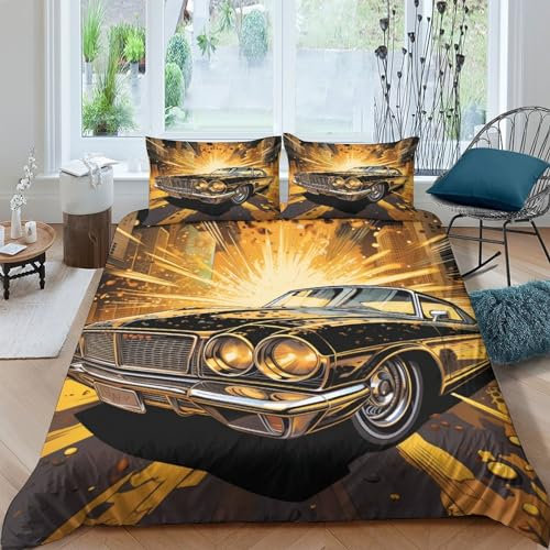 AAHARYA Muscle Car Bettwäsche Oldtimer Bettbezug Set 3 Teilig Bettbezug Kopfkissenbezug,Microfaser Bettbezüge Mit Reißverschluss Double(200x200cm)