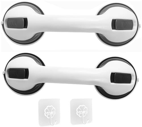 Suction Grab Rails for Bathroom, Chetexus 12 inch Safety Suction Cup Shower Handle with Hooks for Elderly, Portable Bath Mobility Aids Safety Suction Handle for Disability Aids (Black+Grey)