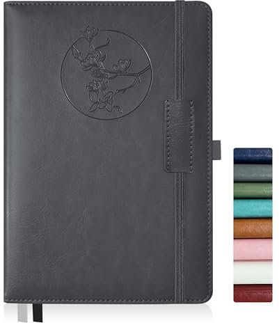 Qefuna Notebook Journal für Frauen Männer, 256 Seiten A5 Hardcover Leder Journaling Notizbücher für die Arbeit, liniertes Journal/Notizbuch mit 100Gsm Papier, Stifthalter 5.8×8.4(Grau)