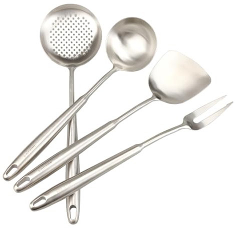 Kakamono Espátula y cucharón de wok de 15 pulgadas, cuchara de skimmer, tenedores de carne, juego de utensilios de cocina de acero inoxidable 304, 4 piezas de herramientas de cocina de mango extra