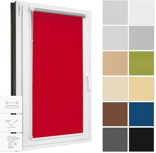 Estika Verdunklungsrollo ohne Bohren, Breite alle 1 cm - 63 cm x 120 cm - Rot - Thermorollo, Rollos für Fenster ohne Bohren, Sonnenschutz Fenster innen