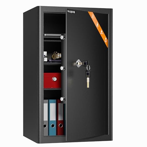 Coffre-Fort avec 2 Clés, WASJOYE Grand Boîte de Serrure à Clé, 67L Boîte Sécurité à Domicile/Bureaux, Coffre-Fort en Acier pour Ranger l'Argent, Bijoux, Médicament, Téléphone, Document, 62.5*37*31cm