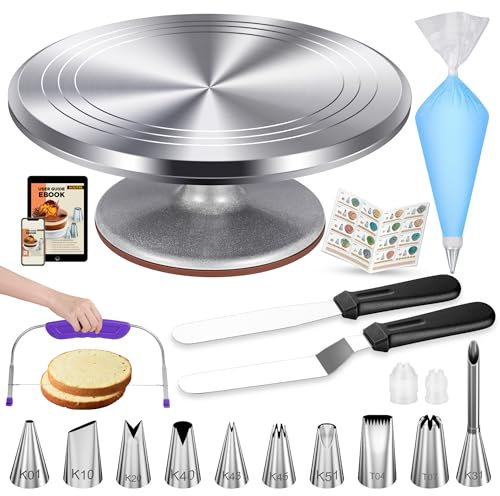 Kootek 51 Pcs Cake Decorating Kit, 12 Aluminum Alloy Cake Turntable, 10 Numbered Icing Tips, Offset and Straight Spatulas, Cake Leveler, Pastry Bags Baking Supplies