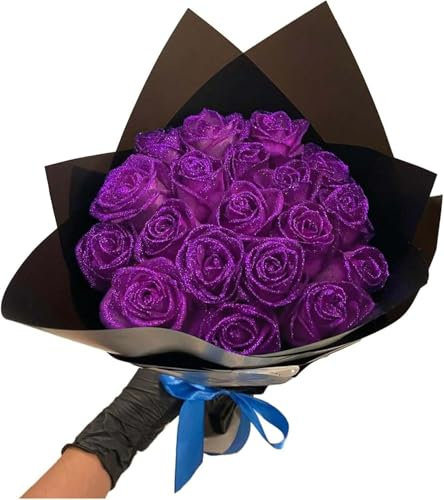 Glitter Rose Artificial Flowers, Fake Purple Roses for Valentine's Day, Anniversary, Engagement (12 Roses - Self-Assembly)