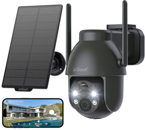 ieGeek 2K Solar Security Camera Outdoor Wireless, 360° Pan Black Battery Camera with Solar Panel, Wifi CCTV Camera Systems, Color Night Vision, PIR Motion Detection, 2-Way Audio, Works with Alexa