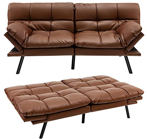 GOPLUS Couch Schlafsofa, Klappsofa mit Schlaffunktion, 2 Sitzer Sofa mit Verstellbarer Armlehnen, Rückenlehne neigbar 105°/145°/180°, Liegefläche 182 x 106,5 cm, Sofabett für Wohnzimmer (Braun)