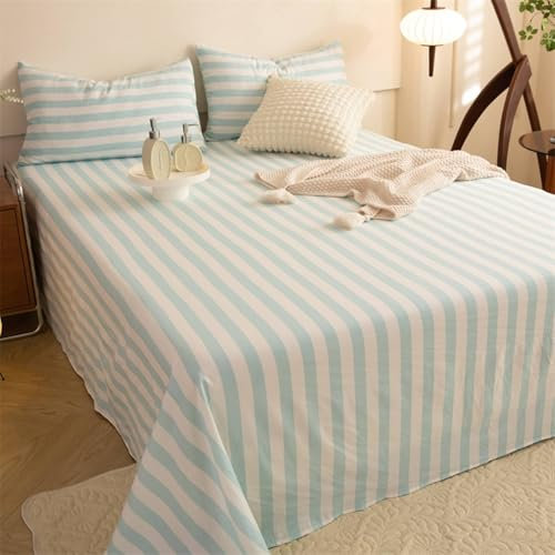 Mesnt Bettlaken ohne Gummizug, 2.0m-230 x 250cm Chemiefaser Streifen-Muster Betttuch MatratzenüBerzug, Hellblau