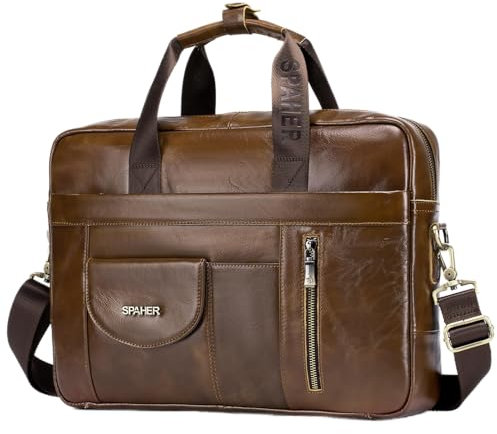 SPAHER Sacoche Ordinateur Cuir Cartable Cadeau 15,6 Pouces Porte Document Sac Bandoulière Sac à Main Sacoche Affaire Serviette Business