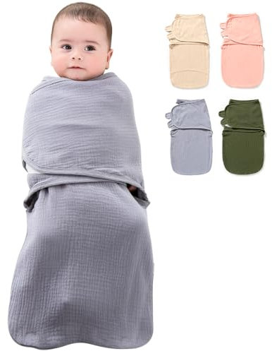 HINATAA Baby Schlafsäcke Neugeborene, Pucksack Baby 0-3/3-6 Monate mit Bio-Baumwolle, 3 in 1 Wickeldecke Babys, Baby Swaddle Einstellbare Breitere Klettverschluss Jungen Mädchen (Grau, 0-3 Monate)