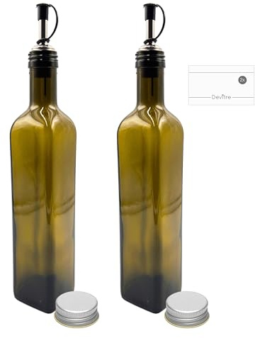 Devitre 2 Ölflaschen 500 ml aus Glas mit Deckel, Ausgiesser aus Edelstahl und Etiketten